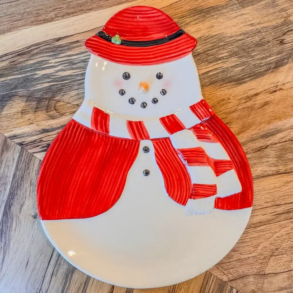 Classic Williams-Sonoma Mr and Mrs Snowman Ceramic Christmas Serving Trays-Qty 2